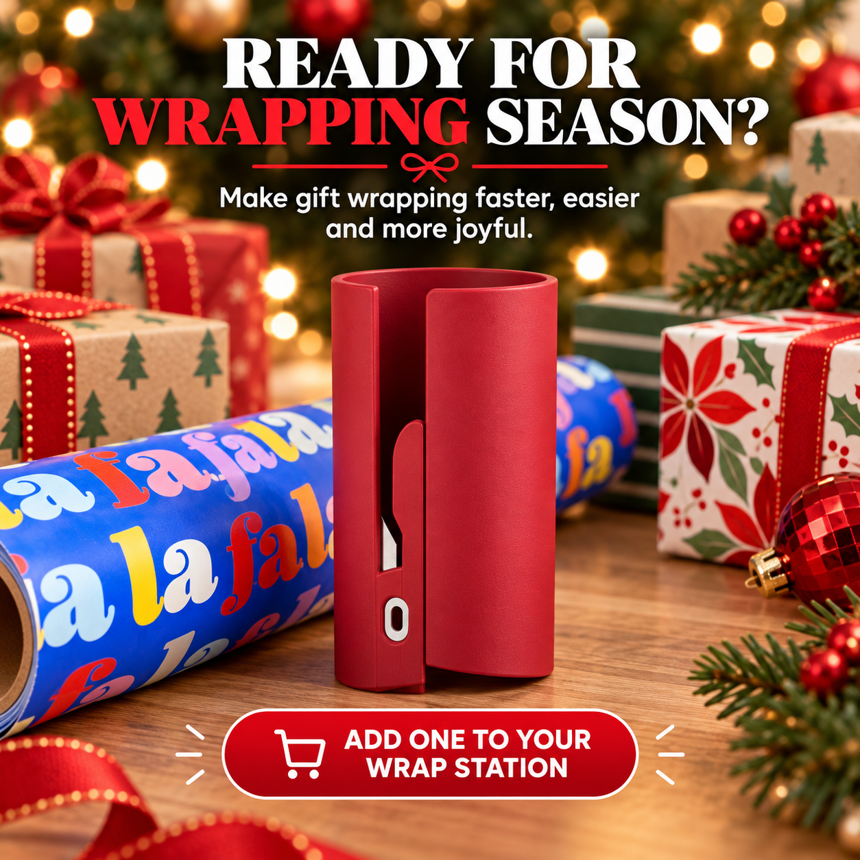 Red gift wrap cutter surrounded by wrapped Christmas presents and wrapping paper