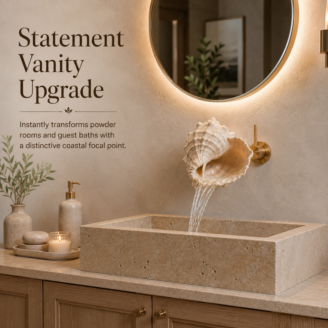 Seashell faucet creating a statement vanity upgrade