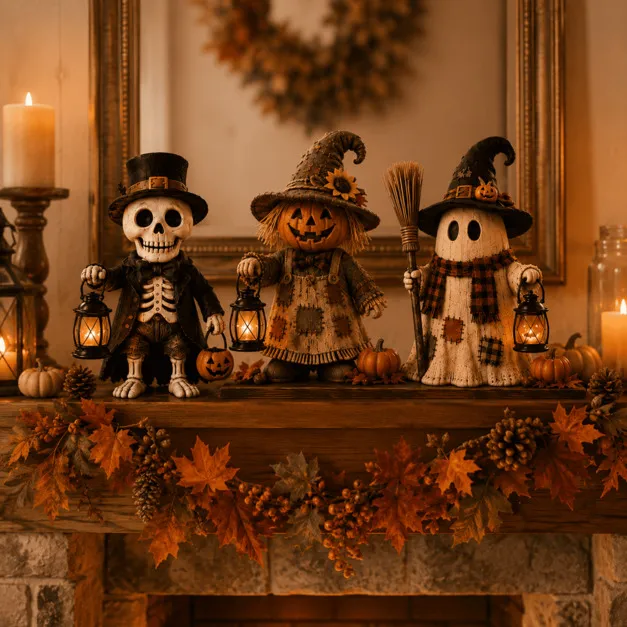 Halloween figurine displayed on living room fireplace mantel and shelf