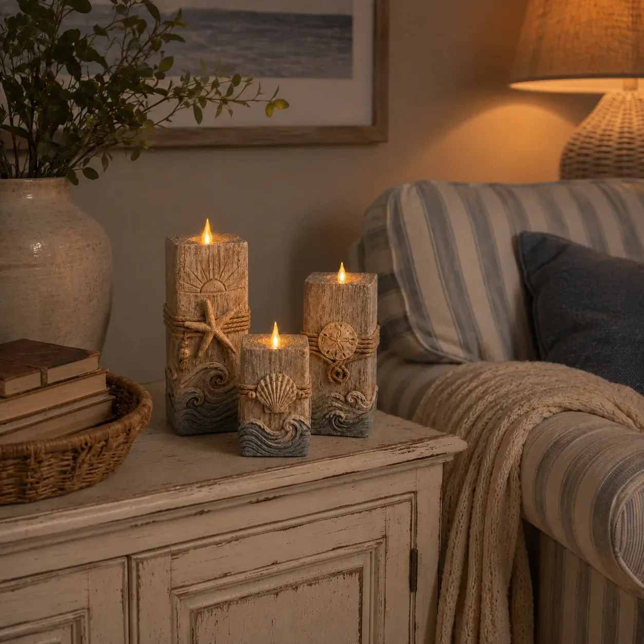 Coordinating three-piece coastal wooden LED candle set arranged on table