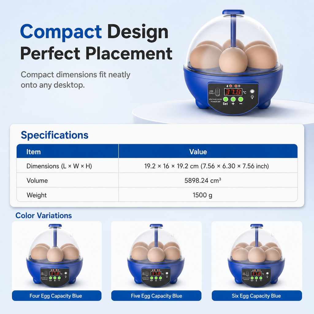 Compact size and physical dimensions of blue mini egg incubator