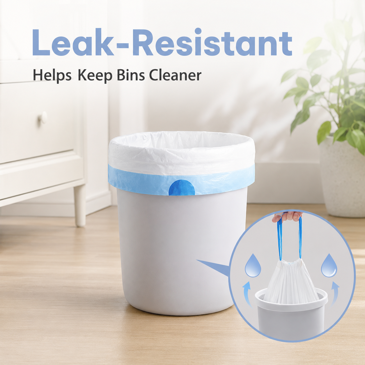 Easy drawstring closure trash bags