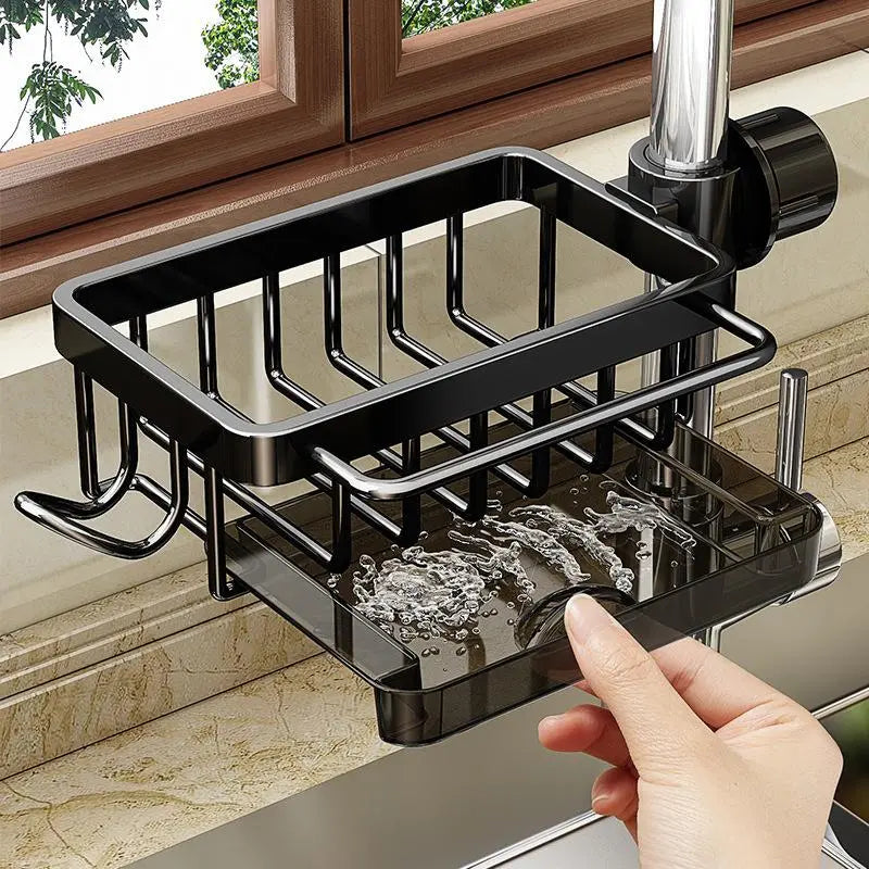 Kitchen sink organizer rack installed on faucet