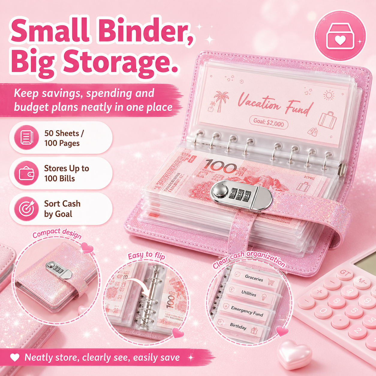 Open SparkleLock binder with clear cash storage pages