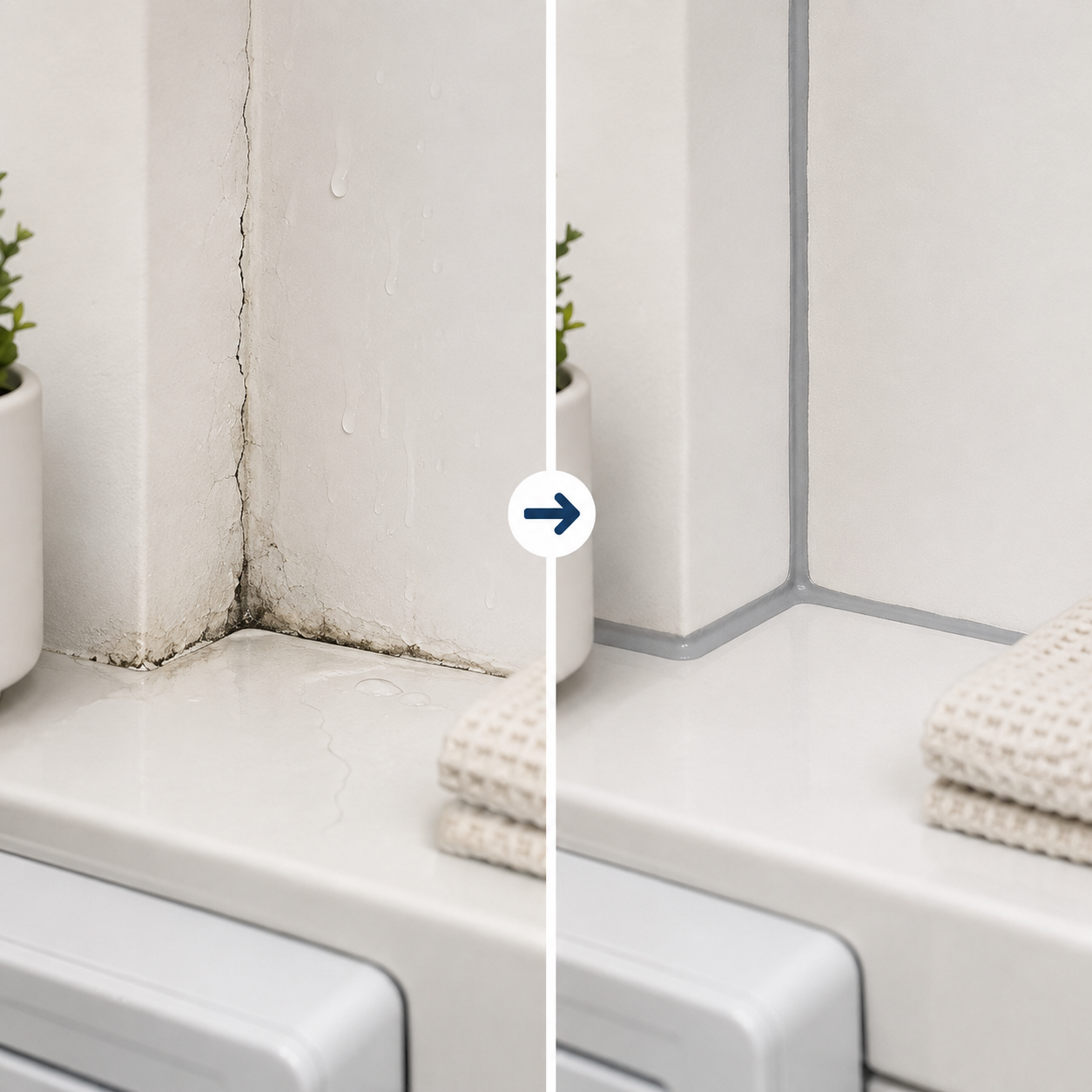 Before and after moisture prone wall corner repair