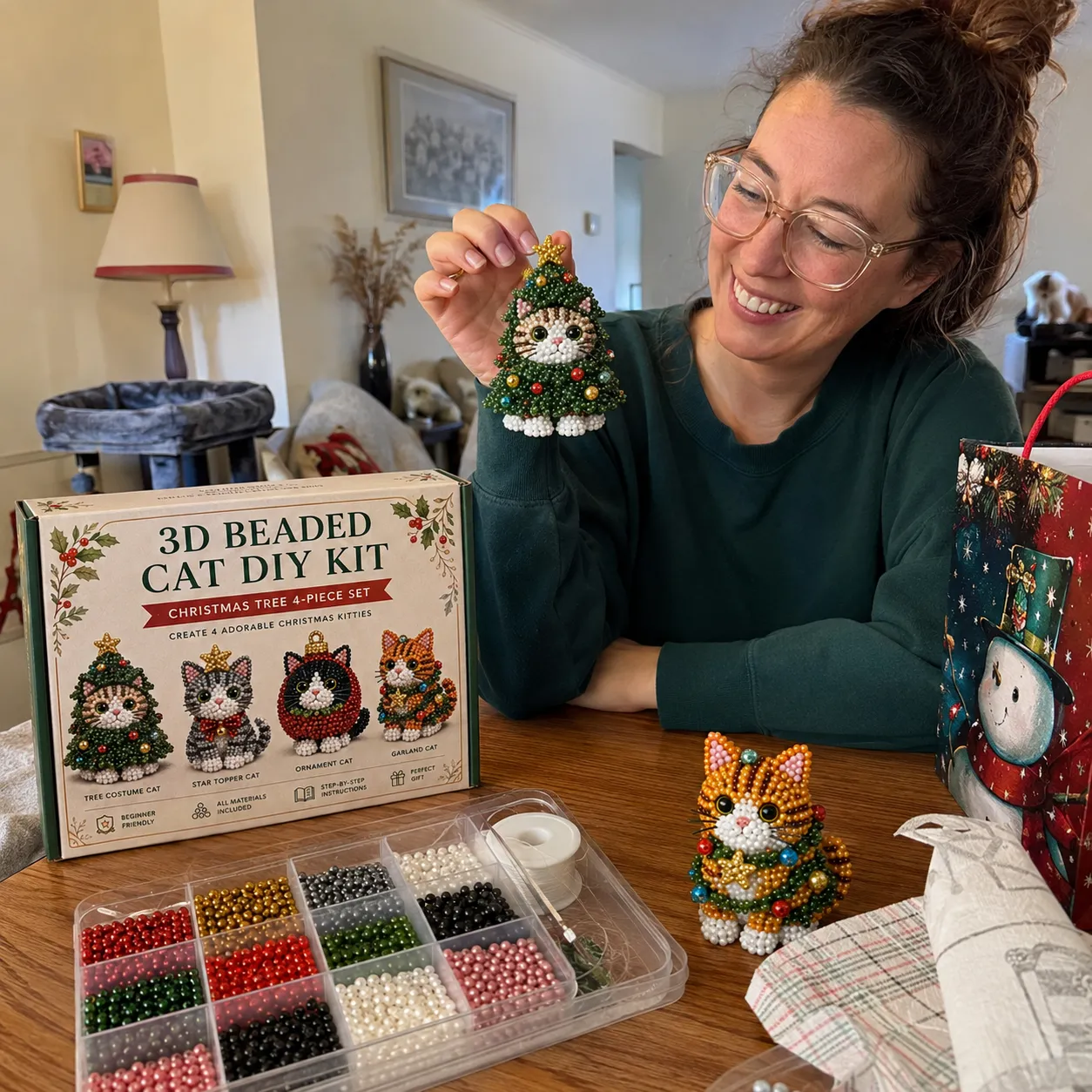 Customer review photo showing finished beaded cat gift