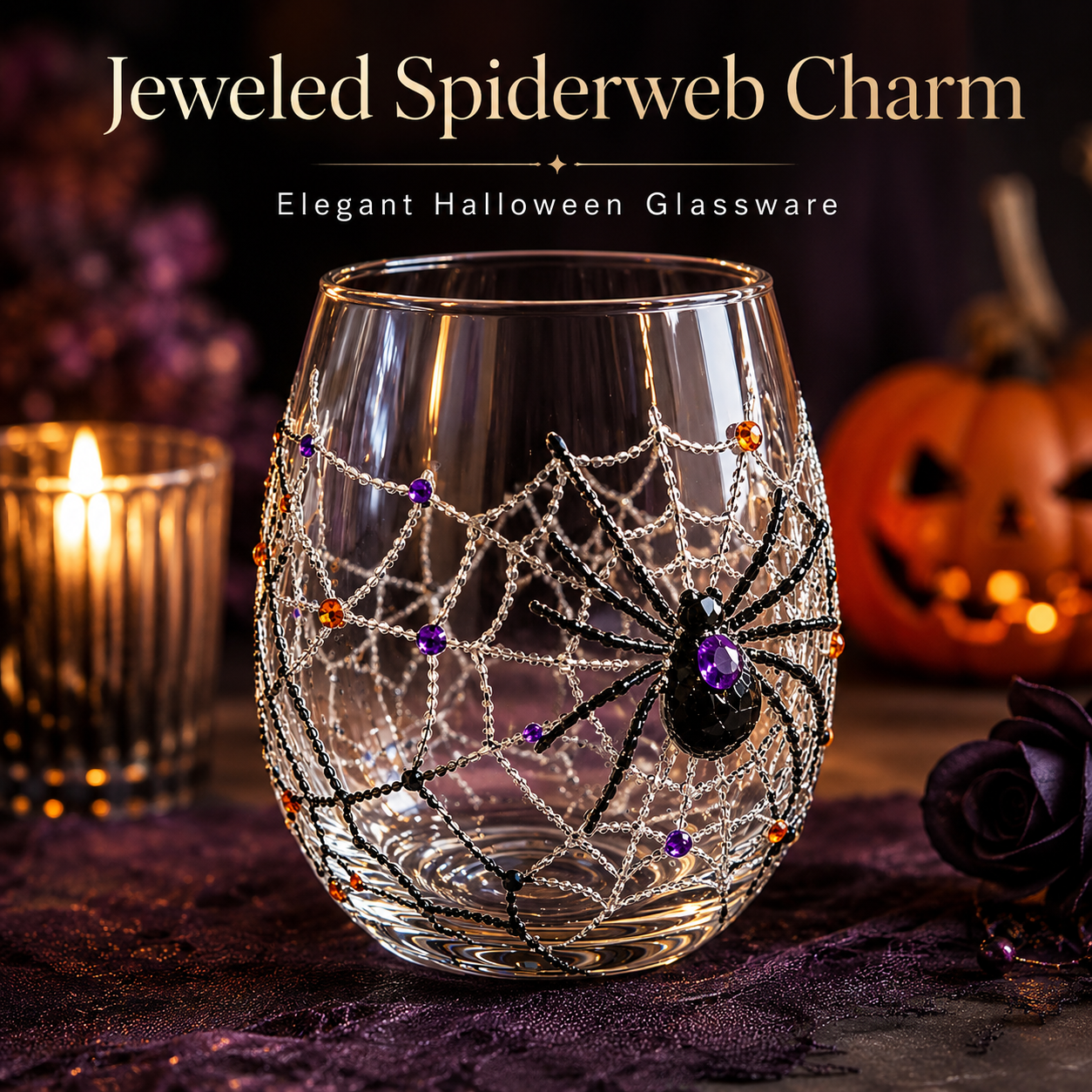 Jeweled spiderweb glass design with raised spider and orange purple gems