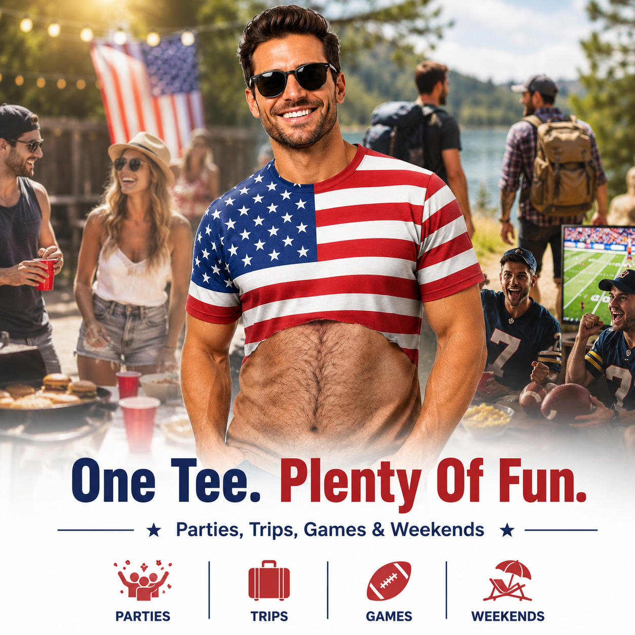 Package overview of men's short sleeve patriotic novelty shirt