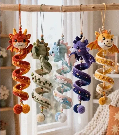 DIY Dragon spiral hanging crochet ornament rotating animation