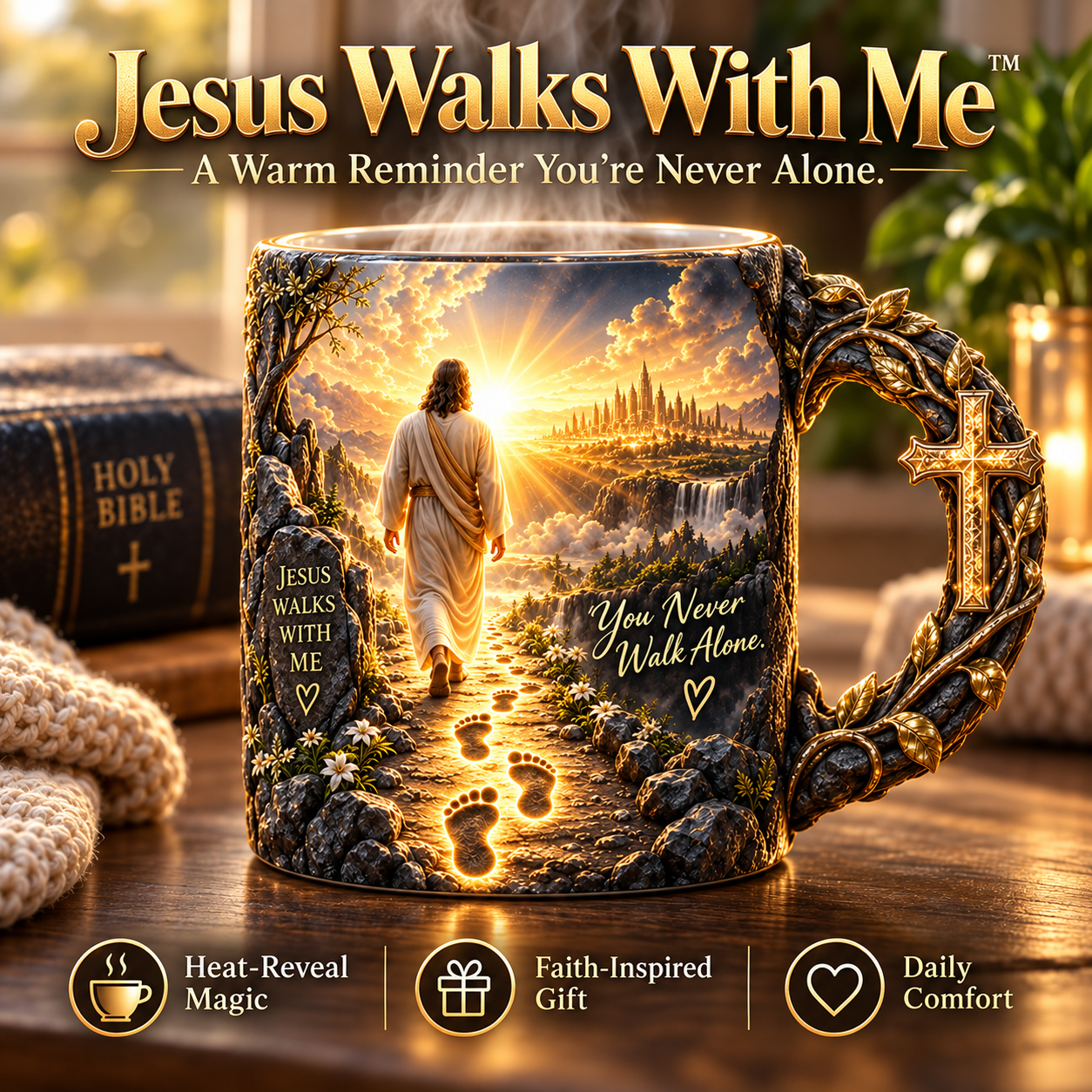 Jesus Walks With Me faith mug featuring Christian artwork and cross-inspired handle