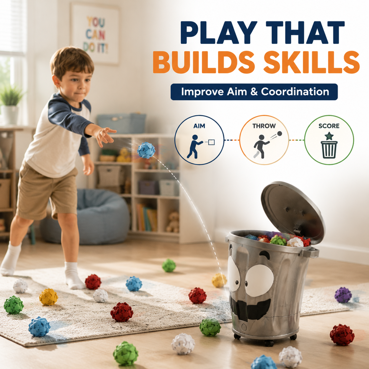 Parents and kids playing moving trash can game together