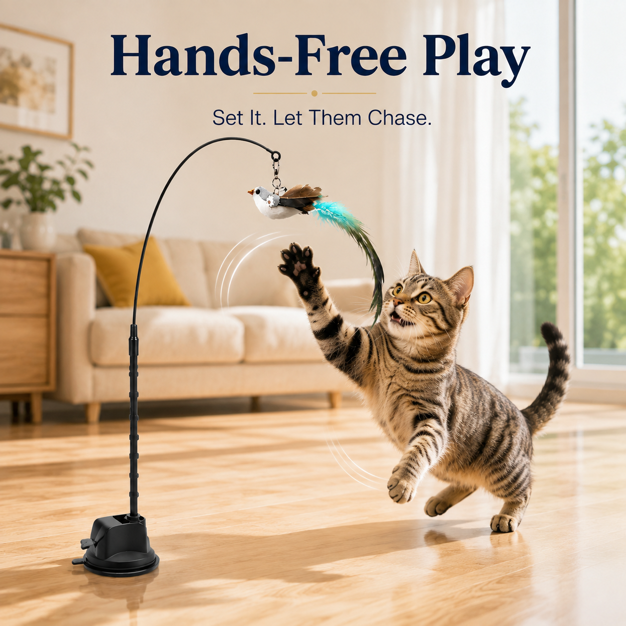 Owner playing with cat using wooden handle teaser wand