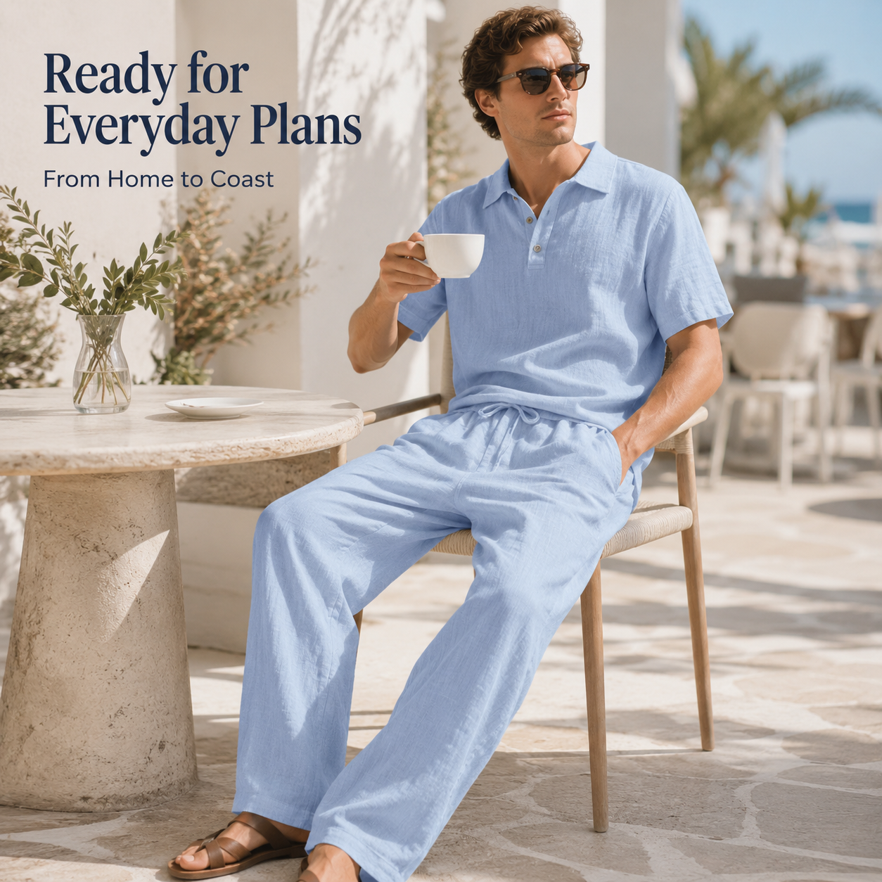 Side profile view of model wearing two piece linen set