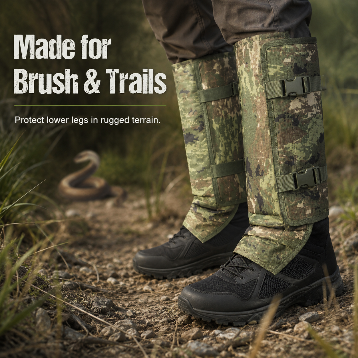 Gaiters worn seamlessly over leather work boots and denim jeans