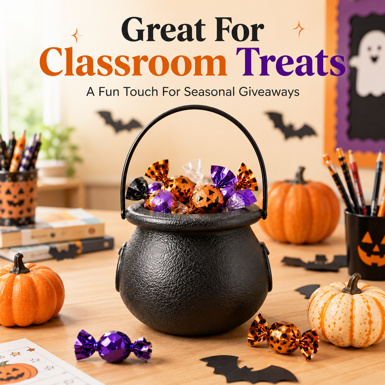 Mini cauldrons styled with pumpkins and cobwebs on Halloween table