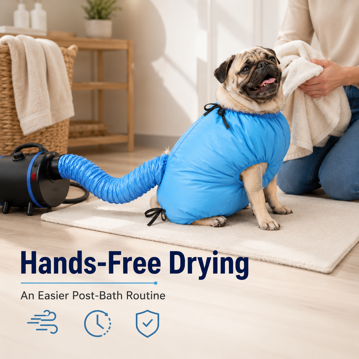 Pet comfortably sitting with legs through individual openings