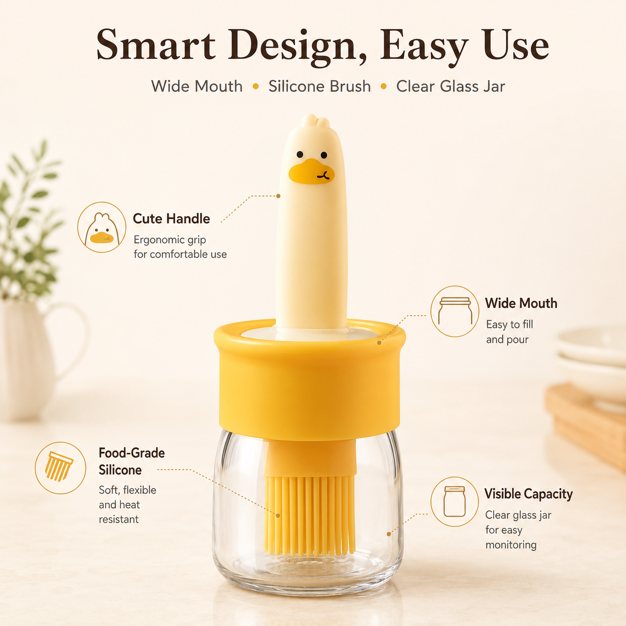 Oil bottle with silicone brush in hand ready to glaze food
