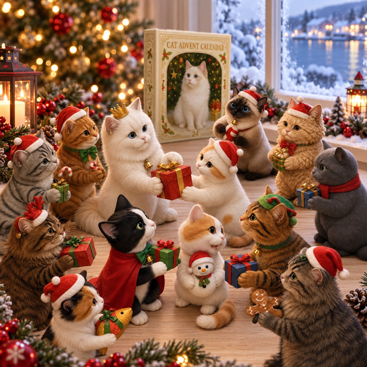 Christmas cat characters with gifts and seasonal accessories