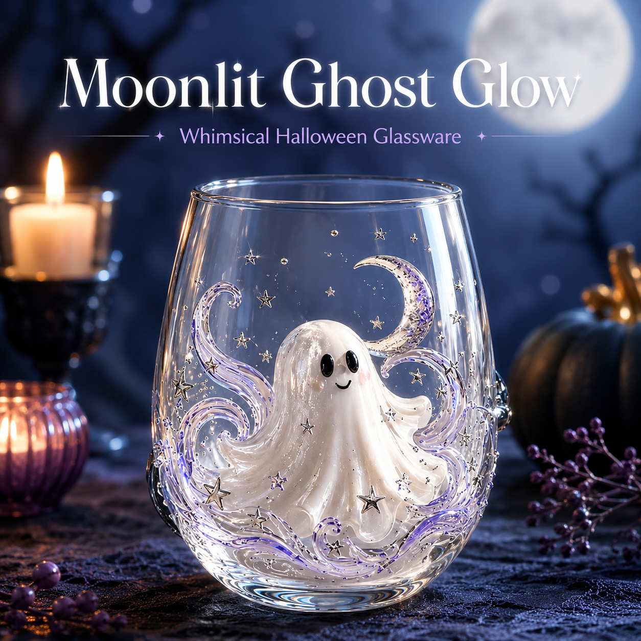 Pouring red wine into Halloween stemless glass on spooky table
