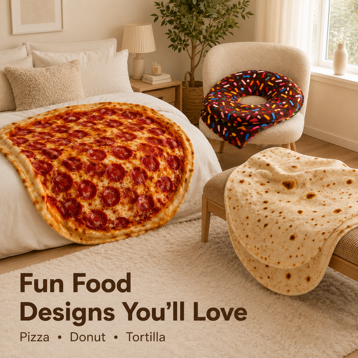 Relaxing with food print blanket while reading in bed