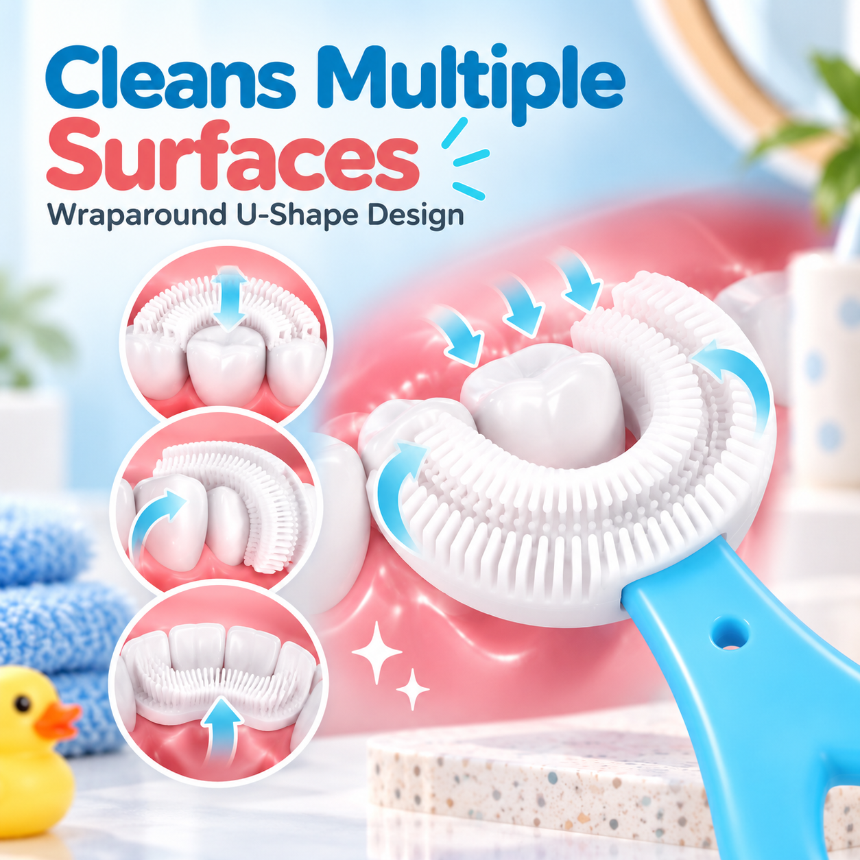 Color variations showing pink and blue kids U-shaped toothbrushes