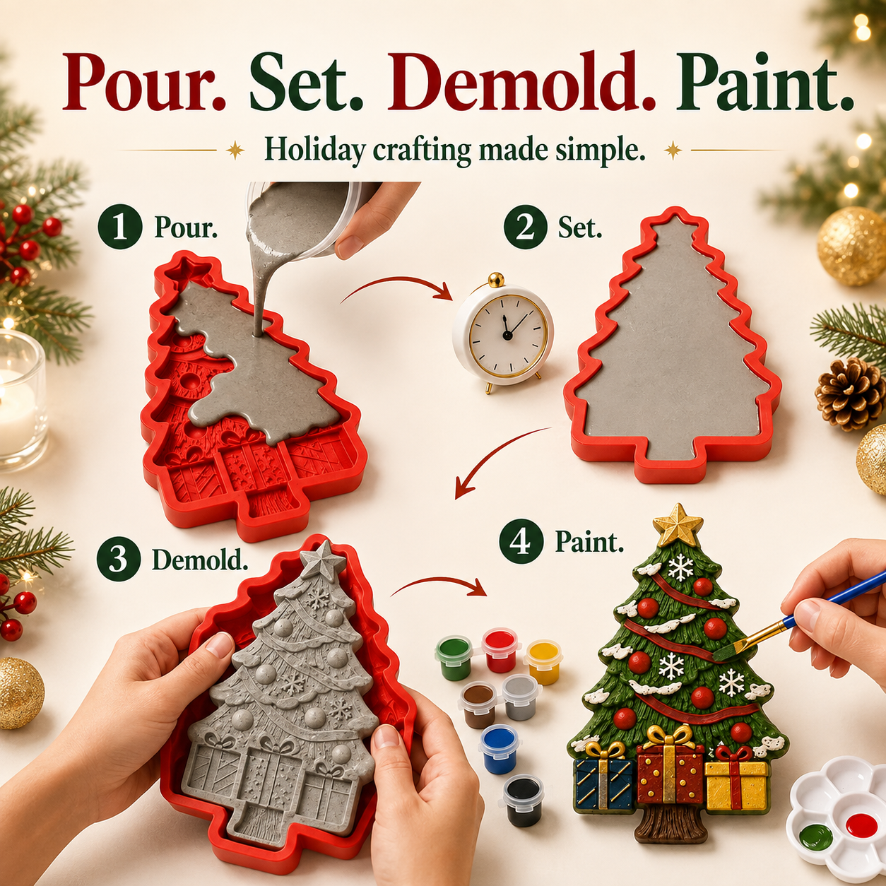 Parents and kids enjoying DIY holiday casting and decorating