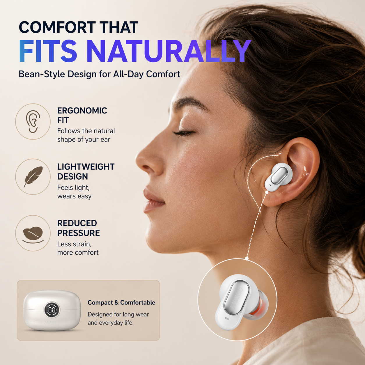 Ergonomic bean style ear pressure distribution details