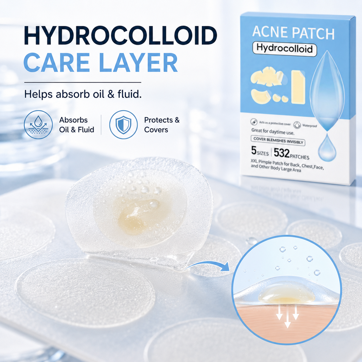 Peeling acne patch from protective easy-peel backing sheet
