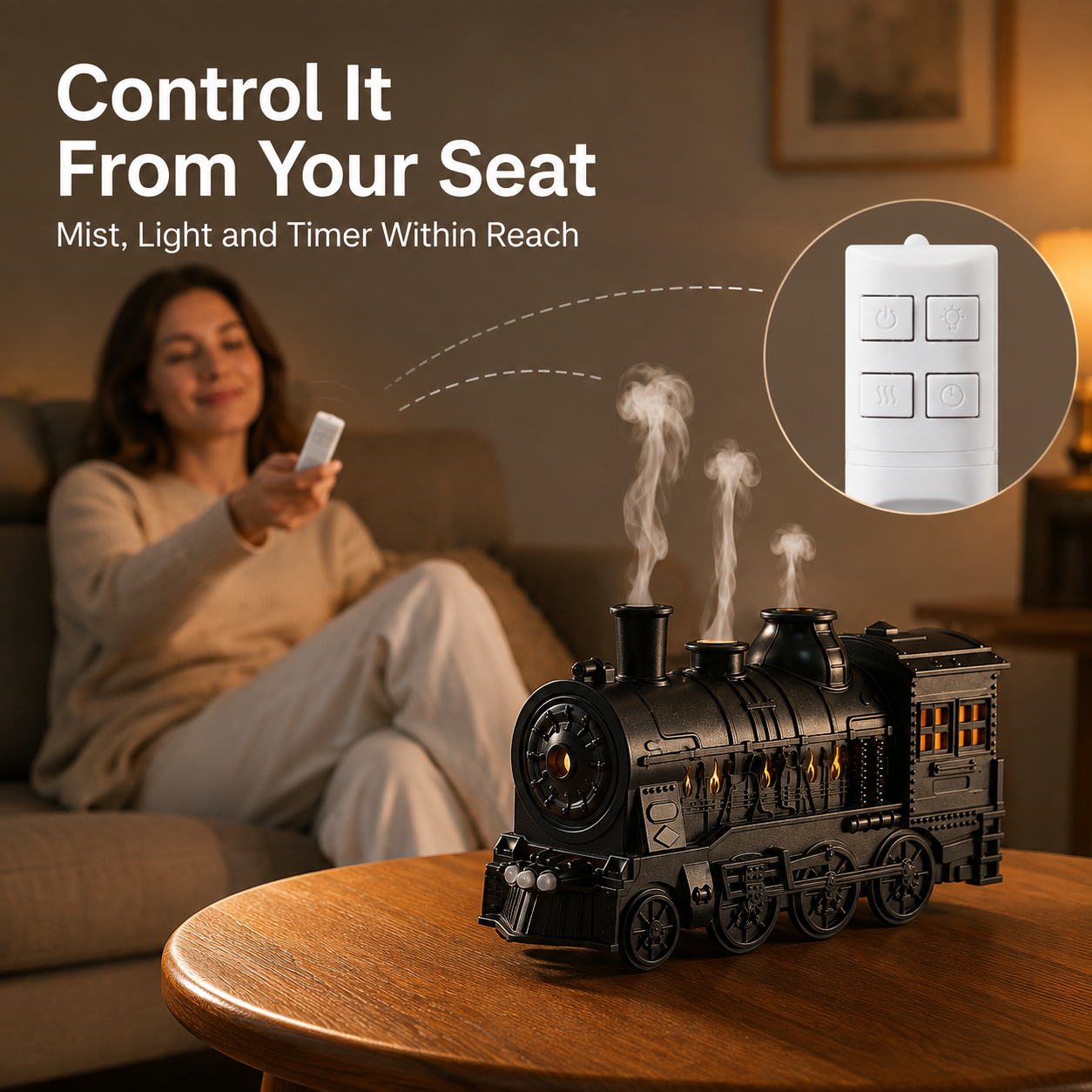 Train diffuser operating quietly on bedside nightstand