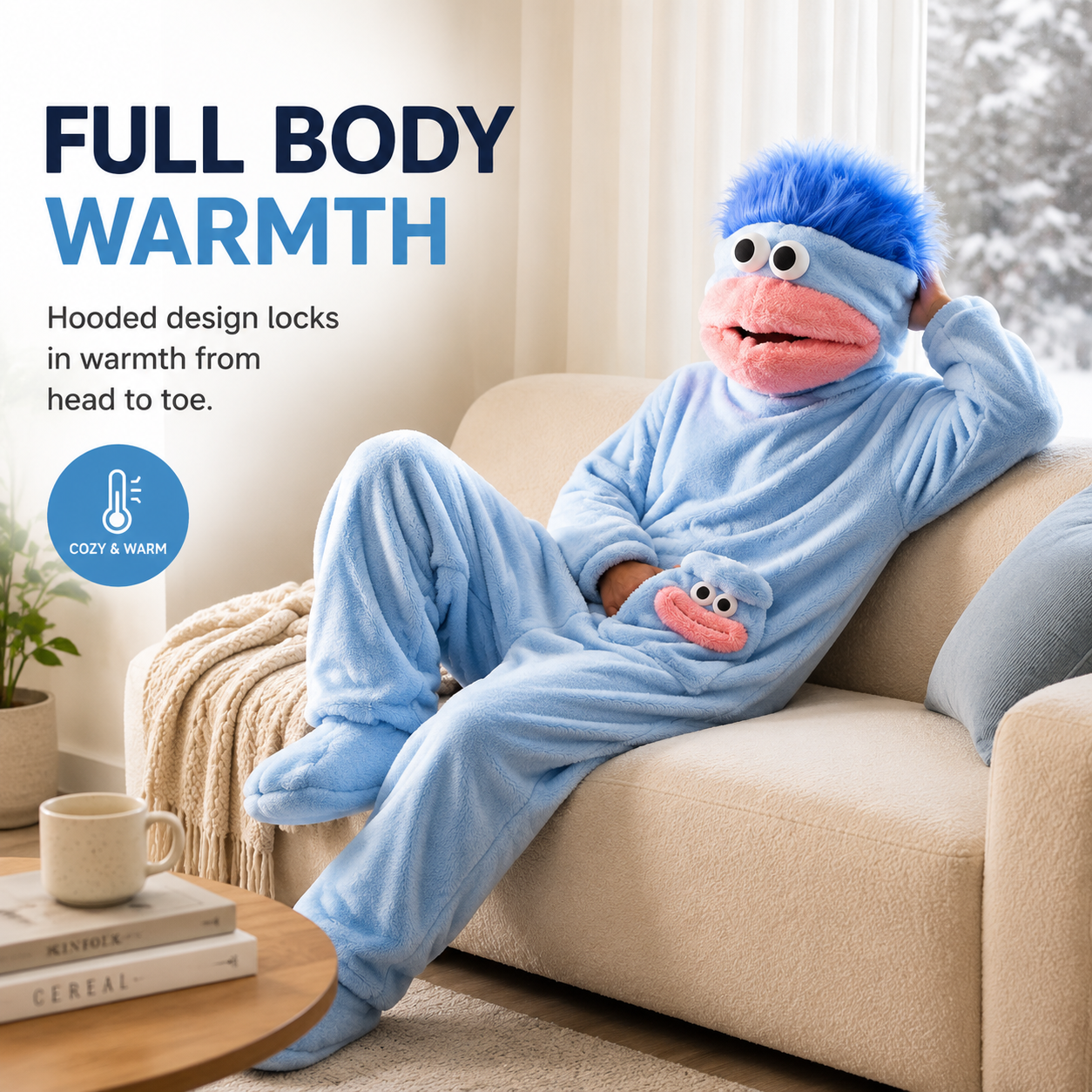 Model wearing cartoon onesie lounging on sofa