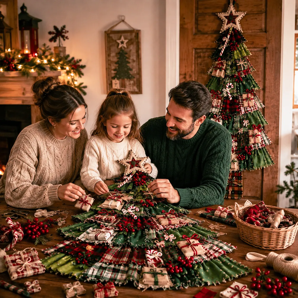 Family crafting and assembling Christmas patchwork tree together