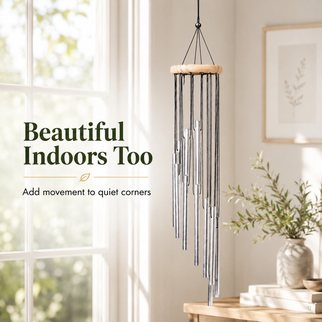 Wind chime hanging in garden with sunlight filtering through tubes