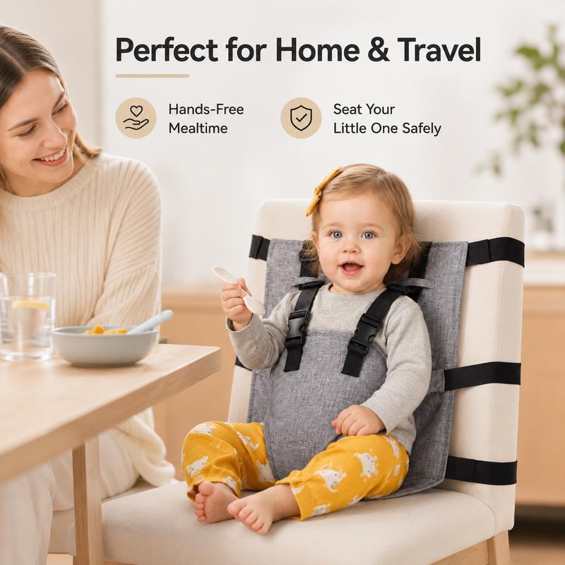 Portable baby travel high chair harness converting standard chair into safe baby seat
