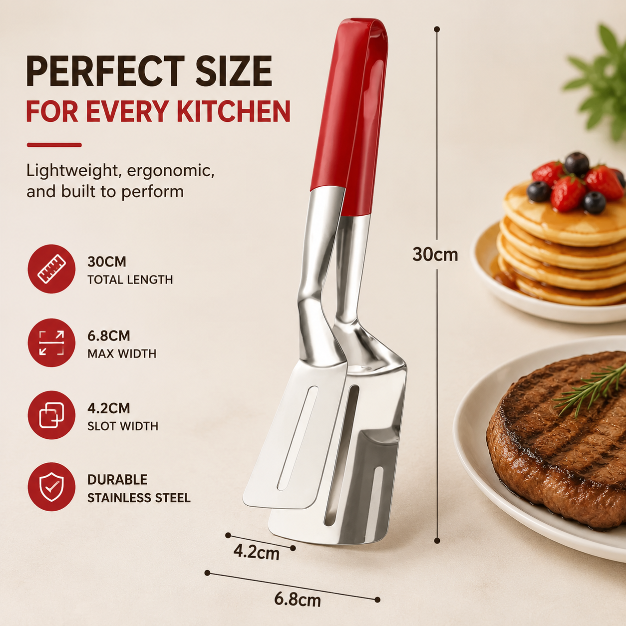 Spatula clip clamping juicy steak on skillet