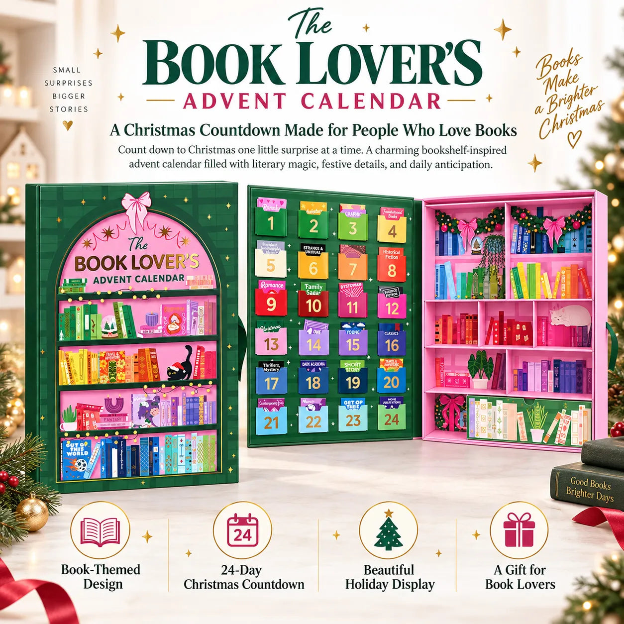 Closed and open views of the bookshelf-inspired Book Lover’s Advent Calendar