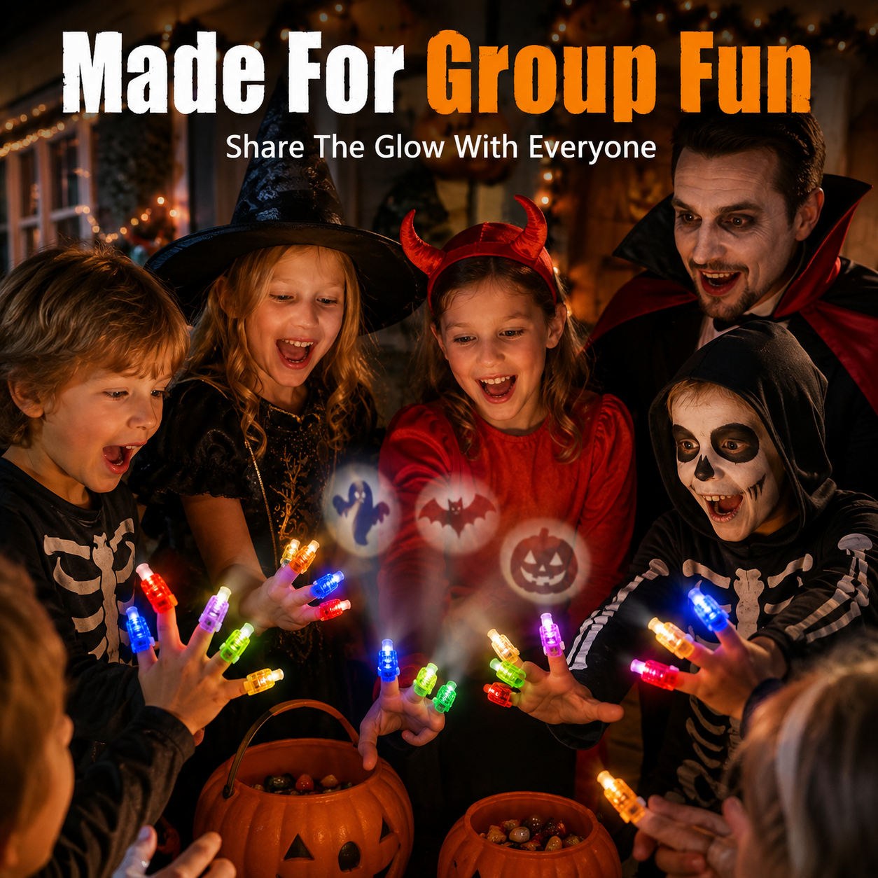 Projecting ghost bat and pumpkin shapes on wall with LED finger light