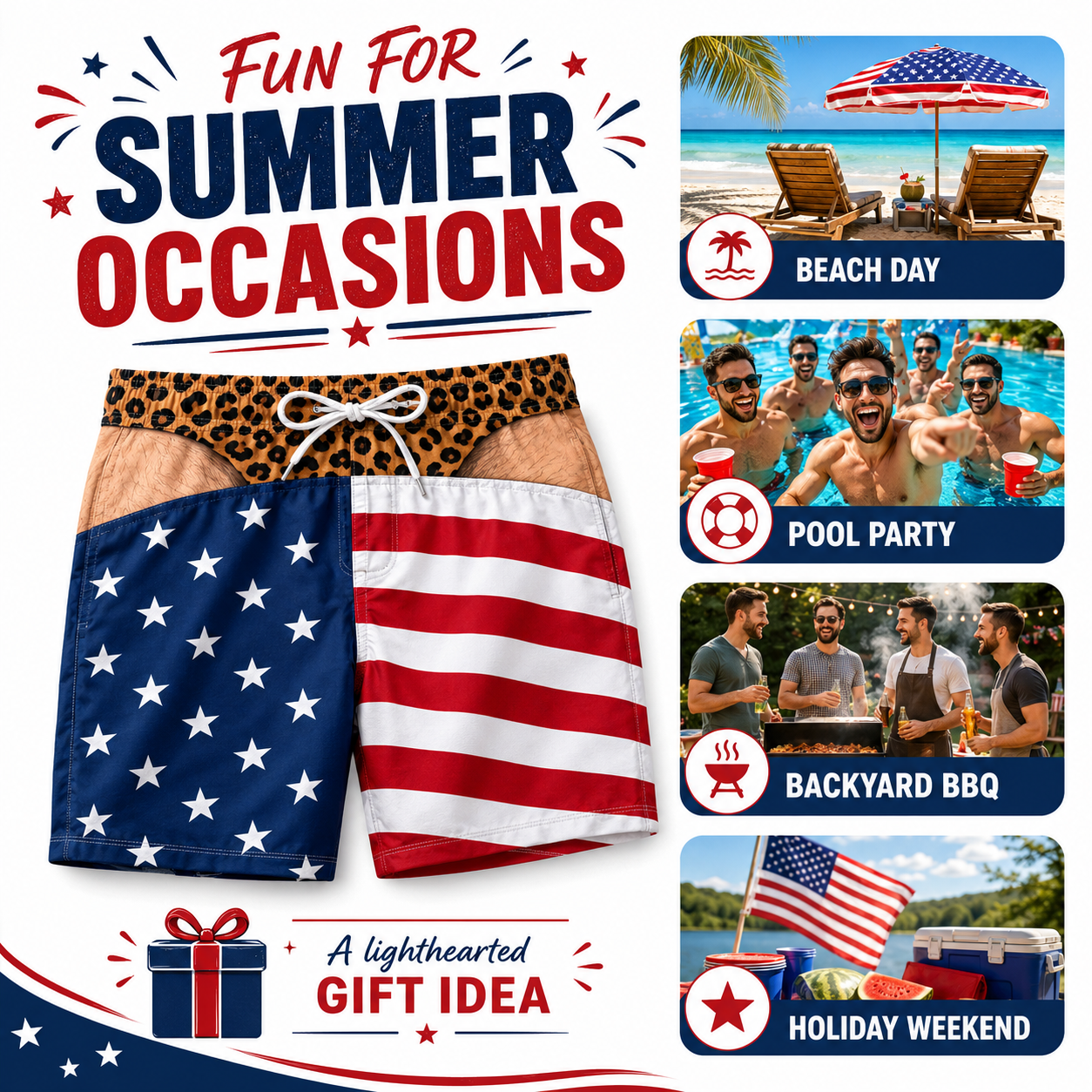 Patriotic men's swim trunks for summer occasions