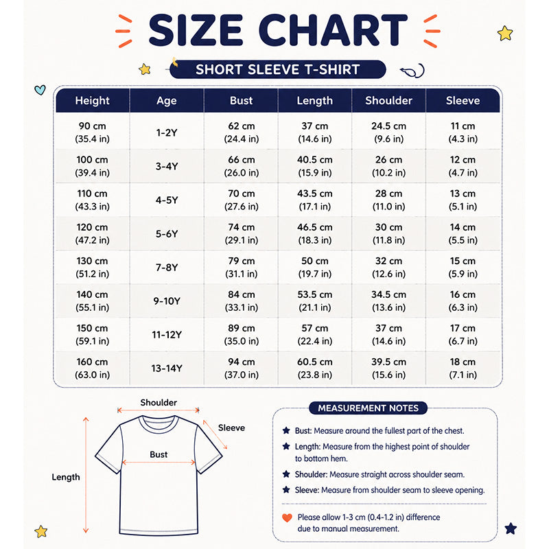 Kids dinosaur t-shirt size chart