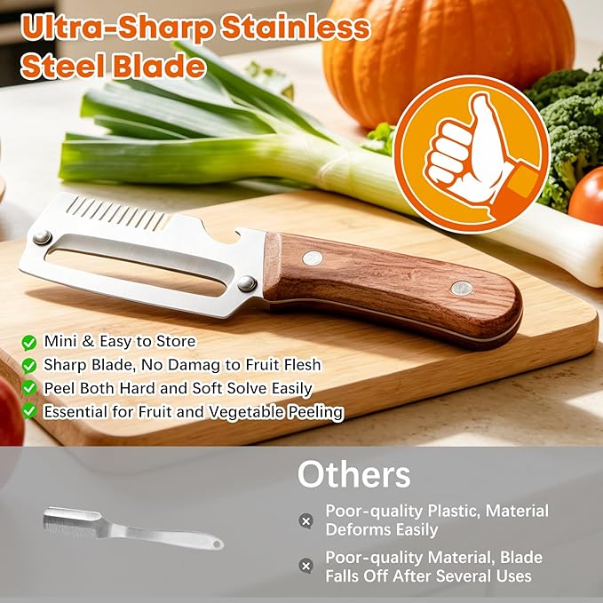 Wood handle and stainless steel peeler details