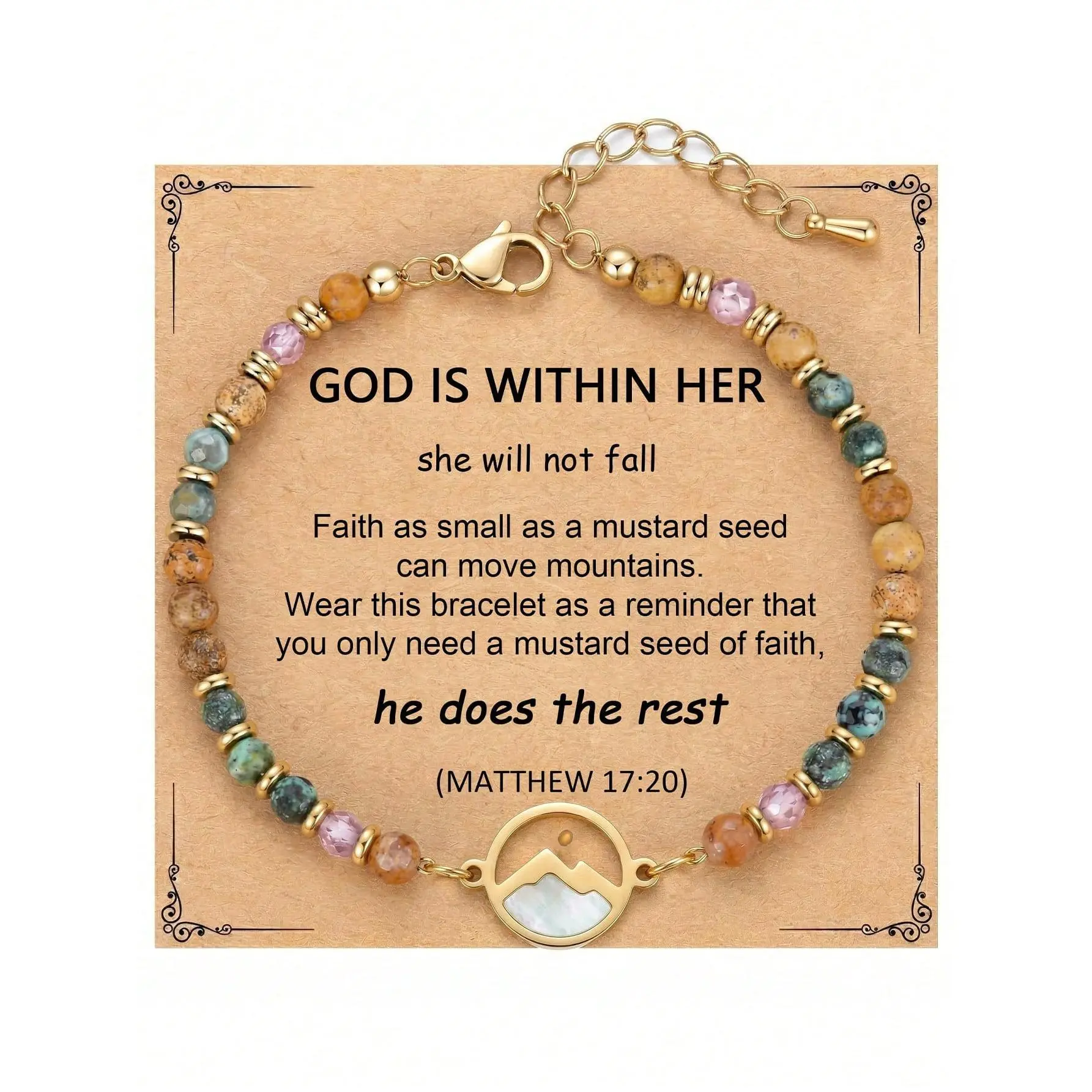 Women's Mustard Seed Beaded Bracelet with Mountain Pendant