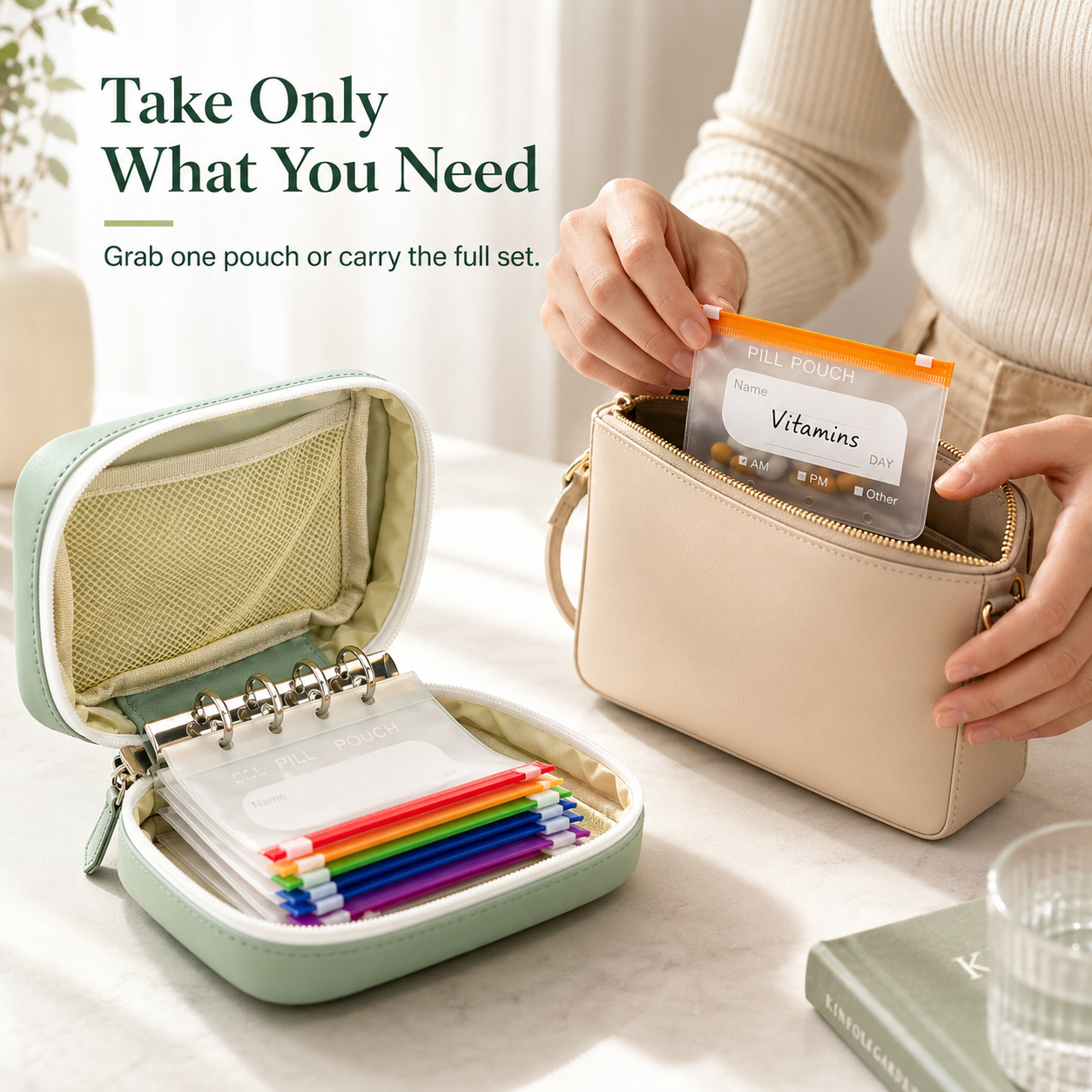 Four step process guide divide pills label pouches sort colors and pack
