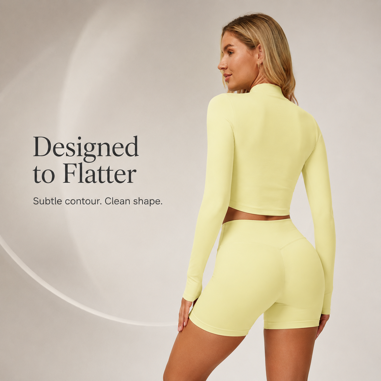 Crossover V-shaped high waistband detail on workout shorts
