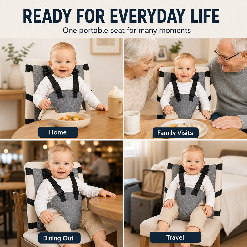 Adjustable baby harness fitted to chair