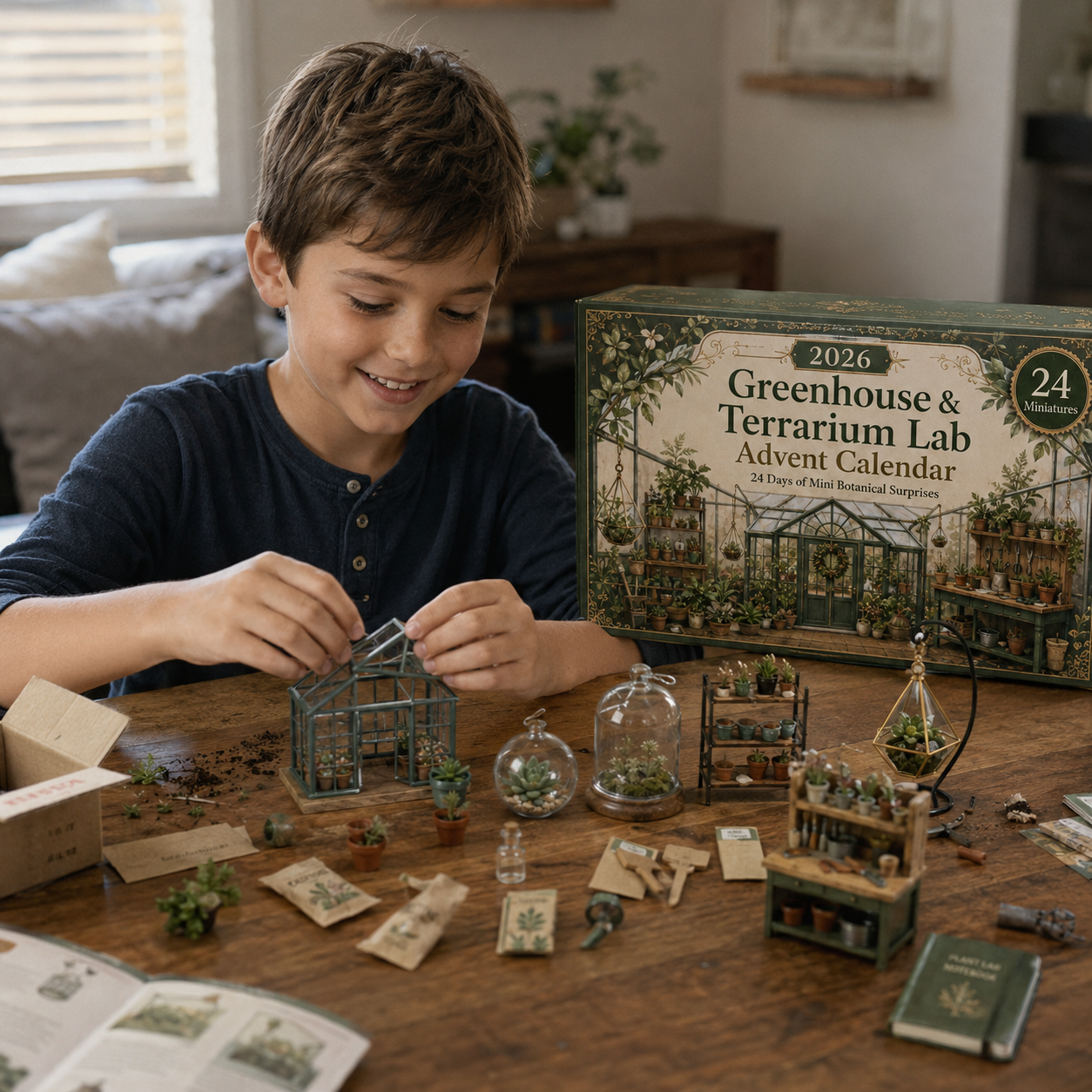 Child building miniature greenhouse with botanical Advent Calendar pieces