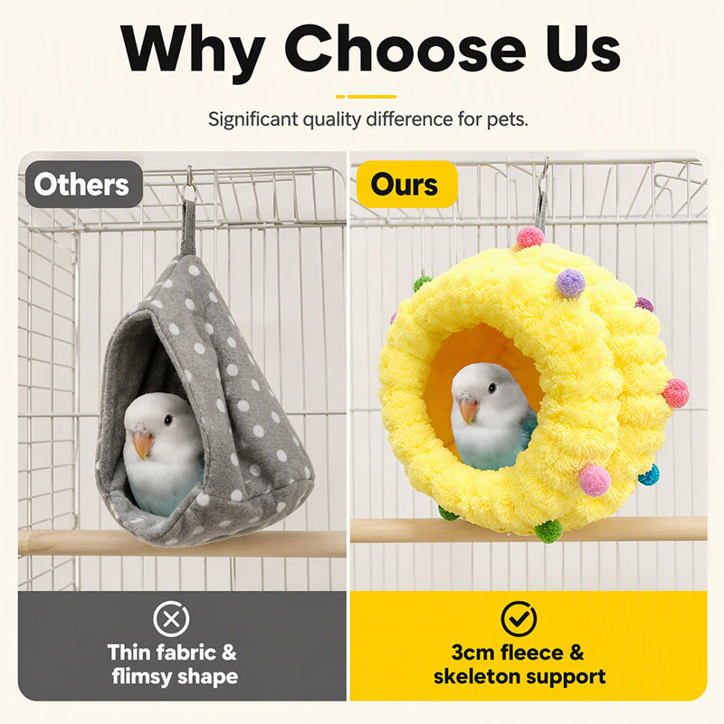 Hanging bird bed mounted neatly inside bird cage space