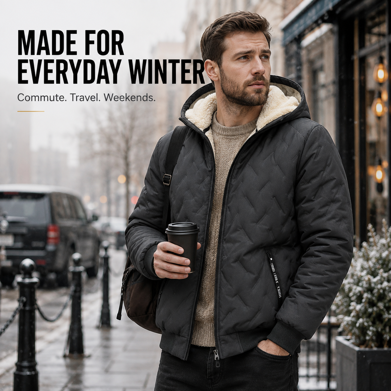 Wool lined hood and front zipper details