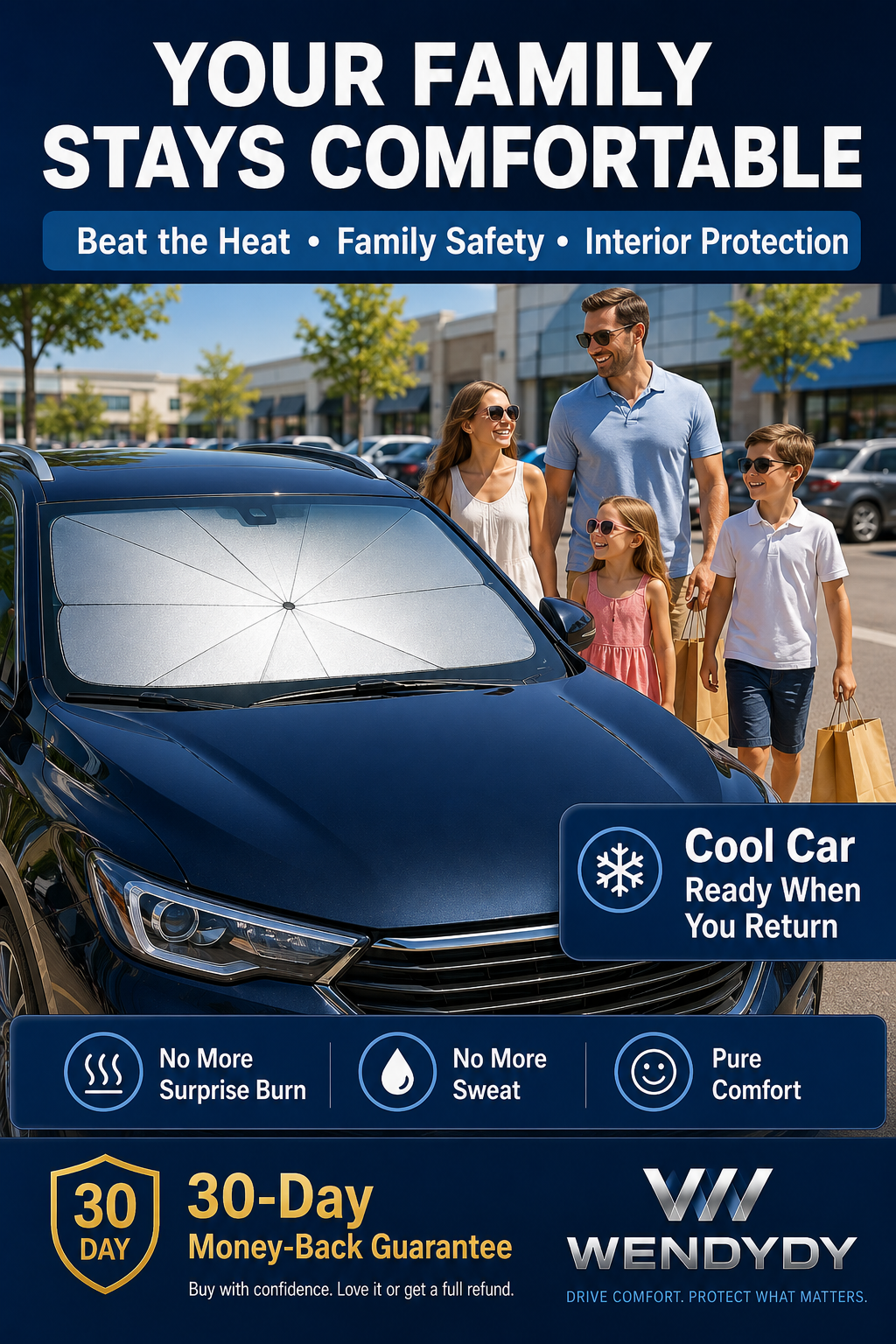 Family returning to car with windshield sunshade umbrella for cooler parked interior