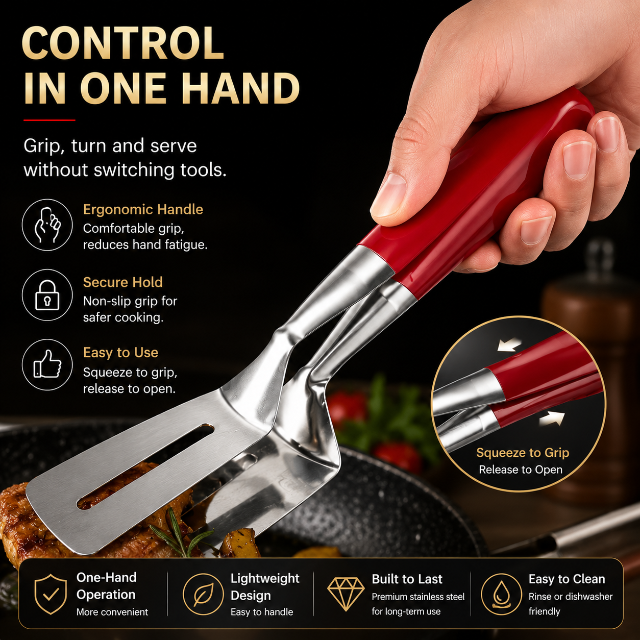 Hand using the red integrated handle of the spatula tongs