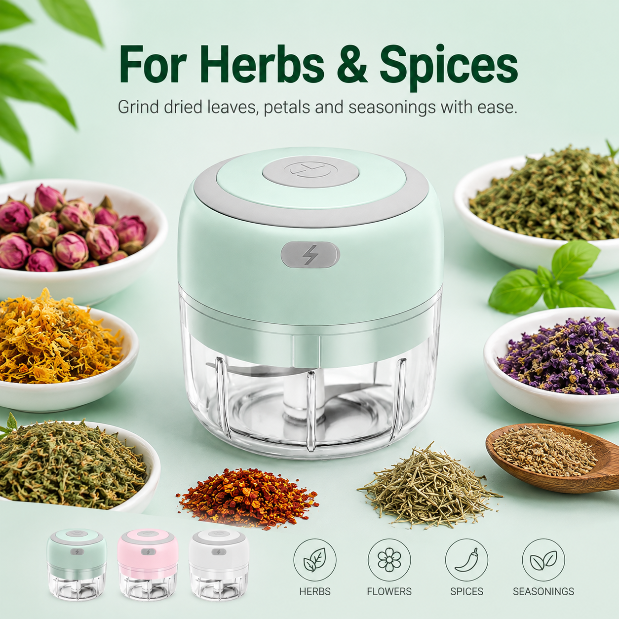Electric grinder for herbs flowers and soft seasonings