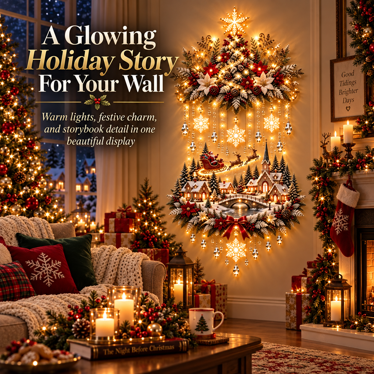 Lighted Christmas Tree and Village Wall Decor